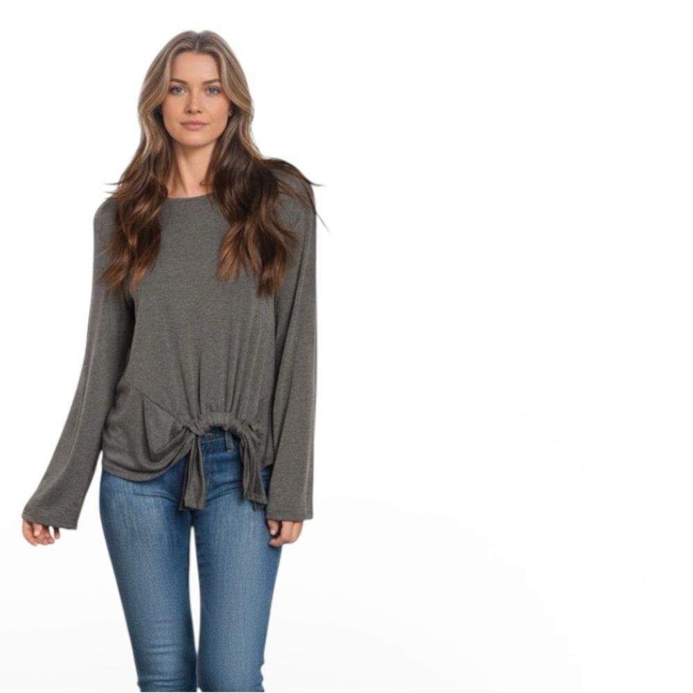 Grey Flare Sleeve Tie Front Top Small